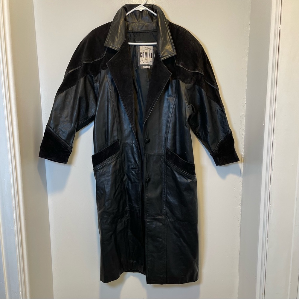 Comint Black Leather‎ Coat with Velvet Accents women’s size medium petite